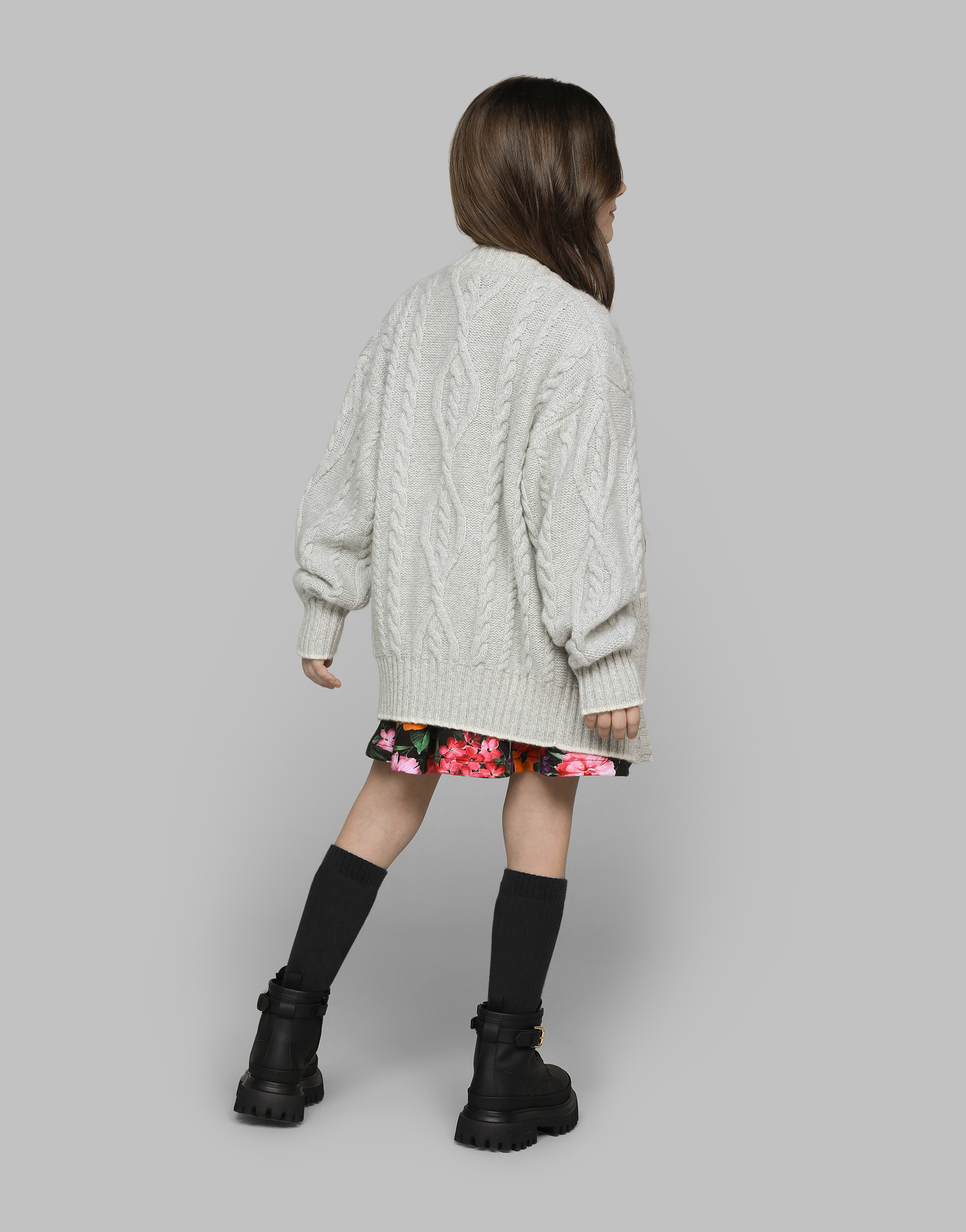 Dolce & Gabbana Cable-knit Cardigan With Dg Logo And Floral Detailing In Multicolor