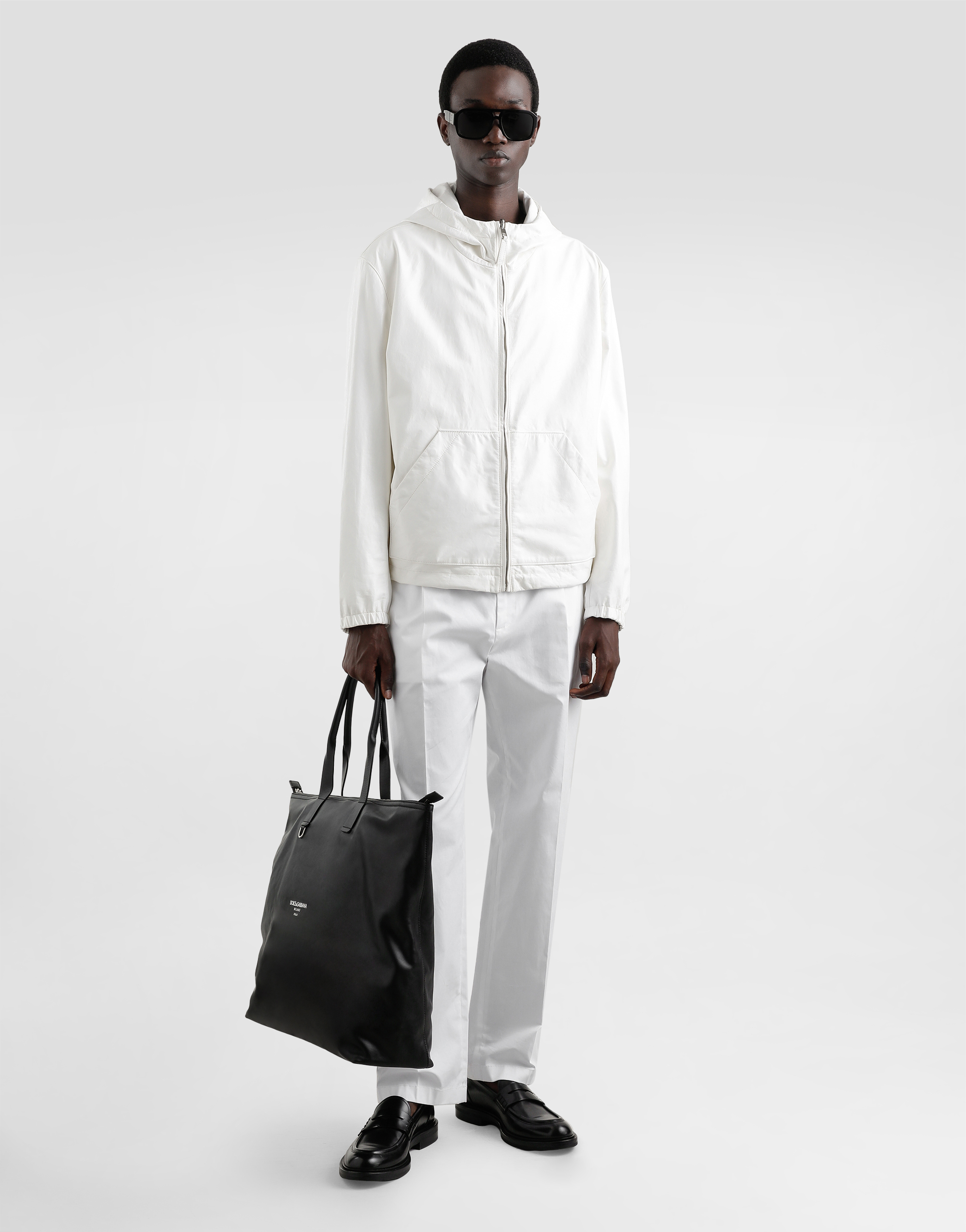 Dolce & Gabbana Leather And Fabric Jacket With Reversible Hood In White