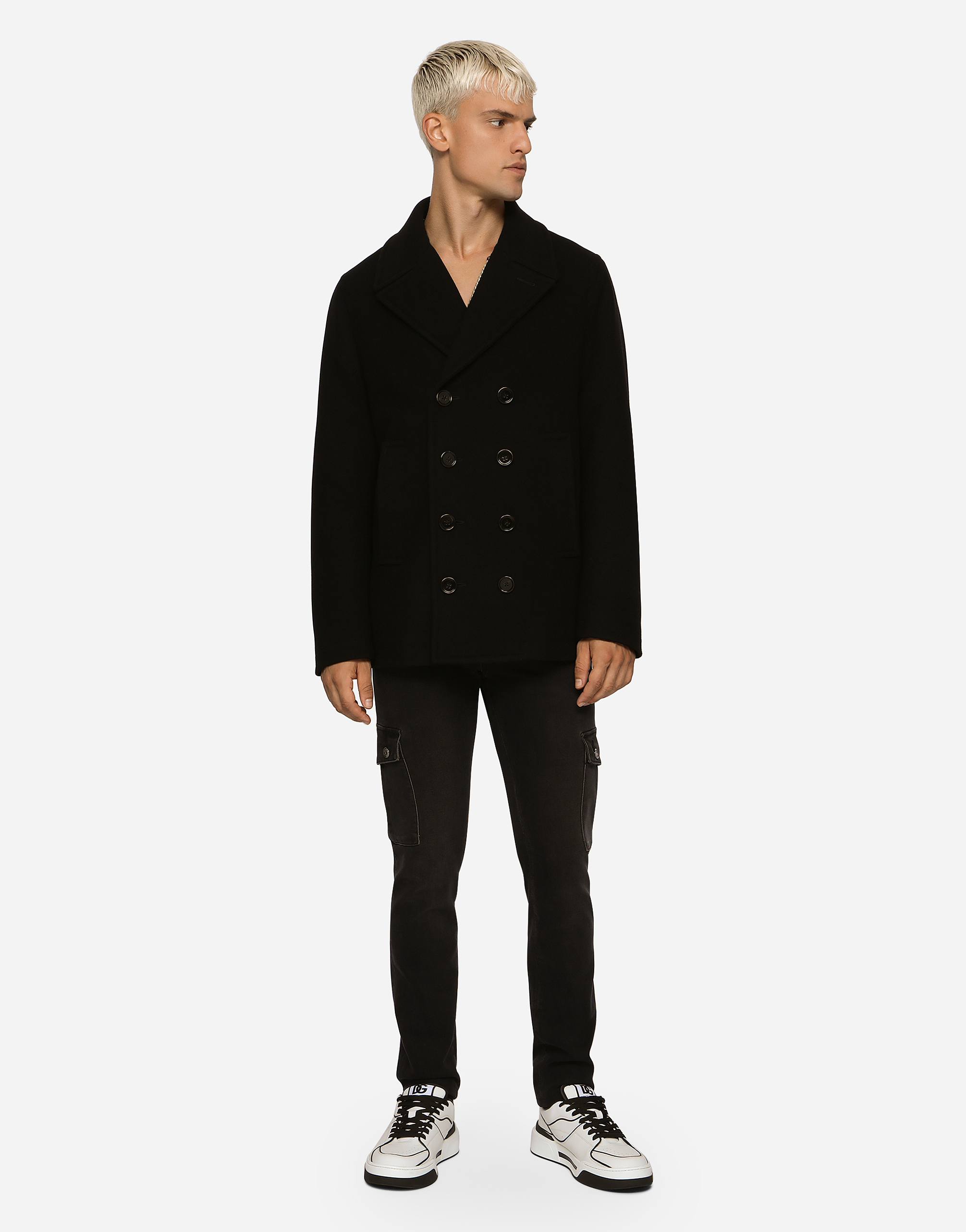 Shop Dolce & Gabbana Double-breasted Wool Pea Coat With Branded Tag In Black