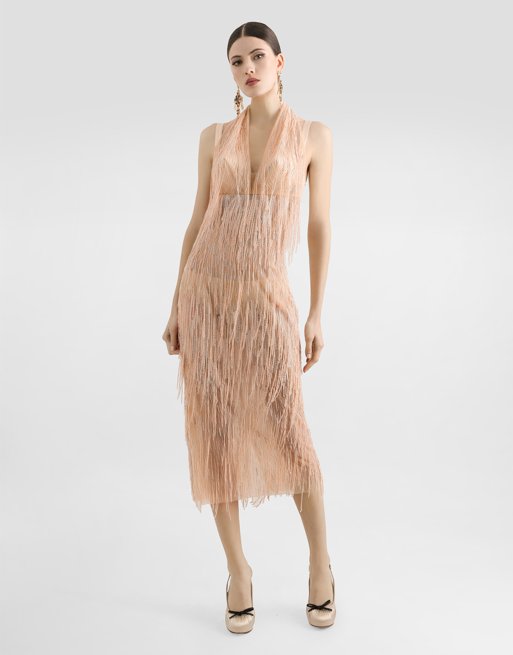 Dolce & Gabbana Calf-length Dress With Sequined Fringe Embellishment In Multicolor